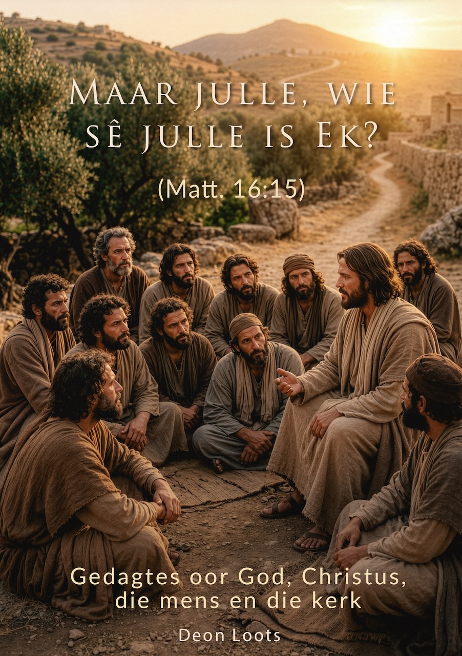 A group of people in a boat on a calm river at sunrise or sunset with birds flying overhead and text in Afrikaans about good news and faith.