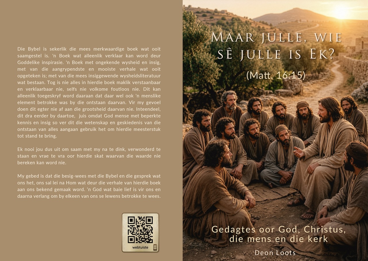 Boat with people on calm water at sunrise with many birds flying overhead and the text in Afrikaans about good news and God's kingdom.